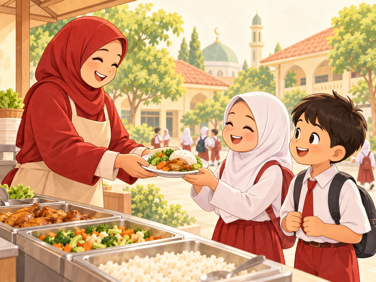 Ilustrasi ibu kantin menyajikan makanan kepada siswa dan siswi di lingkungan madrasah